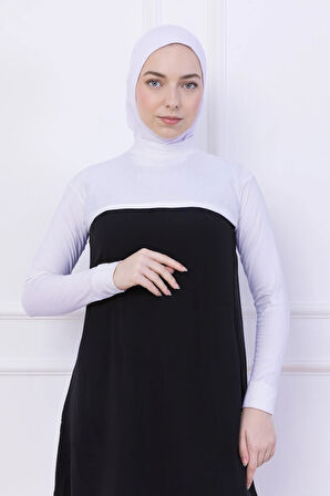 Balıkçı Yaka Boyunluklu Kolluk Beyaz - Likralı Dik Yakalı Kadın Body Tesettür Crop Bolero