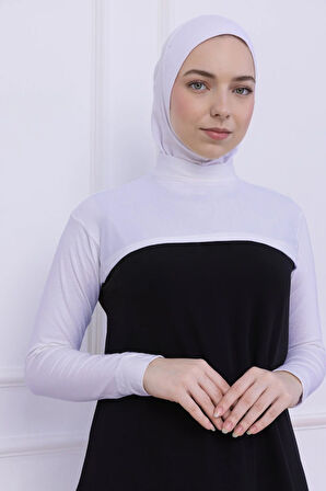 Balıkçı Yaka Boyunluklu Kolluk Beyaz - Likralı Dik Yakalı Kadın Body Tesettür Crop Bolero