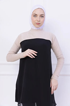 Balıkçı Yaka Boyunluklu Kolluk Bej - Likralı Dik Yakalı Kadın Body Tesettür Crop Bolero