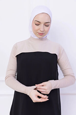 Balıkçı Yaka Boyunluklu Kolluk Bej - Likralı Dik Yakalı Kadın Body Tesettür Crop Bolero