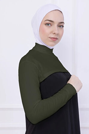 Balıkçı Yaka Boyunluklu Kolluk Haki Yeşil - Likralı Dik Yakalı Kadın Body Tesettür Crop Bolero