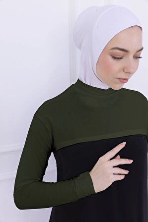 Balıkçı Yaka Boyunluklu Kolluk Haki Yeşil - Likralı Dik Yakalı Kadın Body Tesettür Crop Bolero
