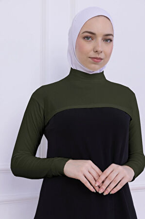 Balıkçı Yaka Boyunluklu Kolluk Haki Yeşil - Likralı Dik Yakalı Kadın Body Tesettür Crop Bolero