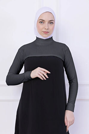 Balıkçı Yaka Boyunluklu Kolluk Gri - Likralı Dik Yakalı Kadın Body Tesettür Crop Bolero