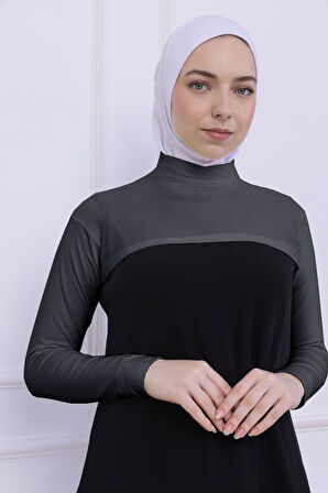 Balıkçı Yaka Boyunluklu Kolluk Gri - Likralı Dik Yakalı Kadın Body Tesettür Crop Bolero
