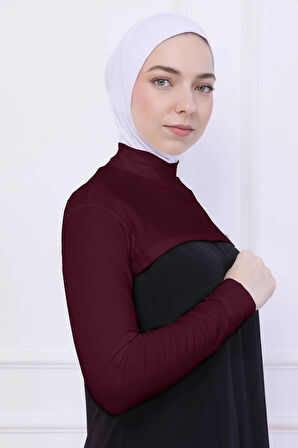 Balıkçı Yaka Boyunluklu Kolluk Bordo - Likralı Dik Yakalı Kadın Body Tesettür Crop Bolero