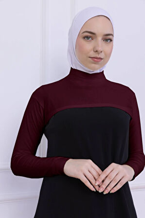 Balıkçı Yaka Boyunluklu Kolluk Bordo - Likralı Dik Yakalı Kadın Body Tesettür Crop Bolero