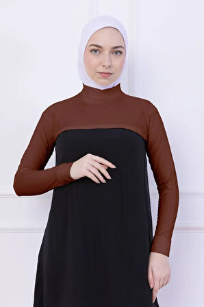 Balıkçı Yaka Boyunluklu Kolluk Kiremit - Likralı Dik Yakalı Kadın Body Tesettür Crop Bolero