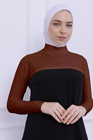 Balıkçı Yaka Boyunluklu Kolluk Kiremit - Likralı Dik Yakalı Kadın Body Tesettür Crop Bolero