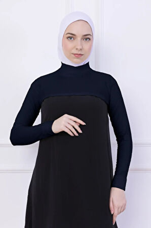Balıkçı Yaka Boyunluklu Kolluk Lacivert - Likralı Dik Yakalı Kadın Body Tesettür Crop Bolero