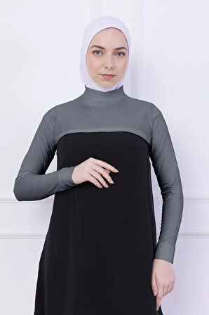Balıkçı Yaka Boyunluklu Kolluk Açık Gri - Likralı Dik Yakalı Kadın Body Tesettür Crop Bolero