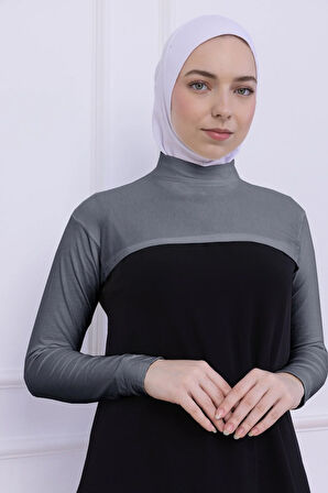 Balıkçı Yaka Boyunluklu Kolluk Açık Gri - Likralı Dik Yakalı Kadın Body Tesettür Crop Bolero