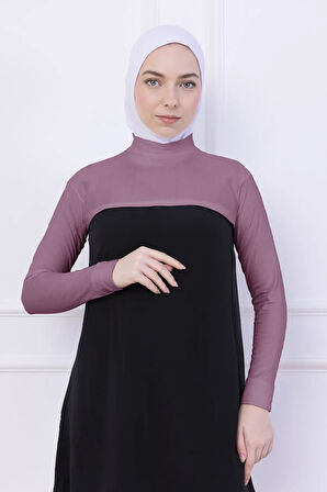 Balıkçı Yaka Boyunluklu Kolluk Gül Kurusu Pembe - Likralı Dik Yakalı Kadın Body Tesettür Crop Bolero