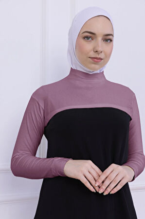 Balıkçı Yaka Boyunluklu Kolluk Gül Kurusu Pembe - Likralı Dik Yakalı Kadın Body Tesettür Crop Bolero