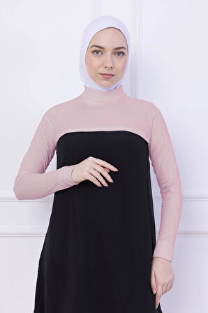 Balıkçı Yaka Boyunluklu Kolluk - Likralı Kadın Body Tesettür Crop Bolero-Pudra