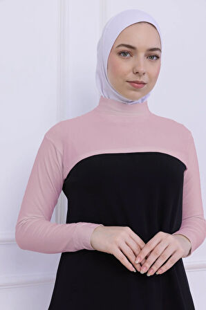 Balıkçı Yaka Boyunluklu Kolluk - Likralı Kadın Body Tesettür Crop Bolero-Pudra