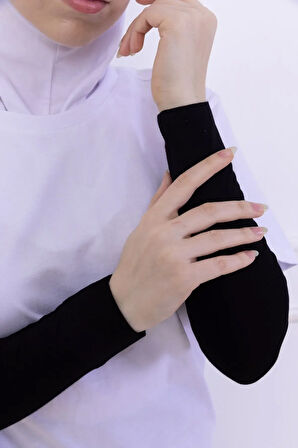 Likralı Penye Kolluk Siyah - Pratik Kadın Tesettür Düz Namaz Kolluğu 1 Çift 40cm Viskon Hijab