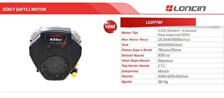 Loncin LC2P76F Marşlı Dikey Milli Tek Motor 13.5 HP