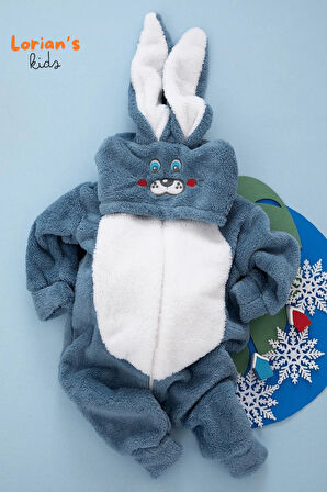 Welsoft Lacivert Tavşan Unisex Yumuşak Peluş Fermuarlı Bebek Tulumu - 3 Yaş