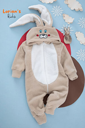 Welsoft Açık Kahve Tavşan Yumuşak Peluş Fermuarlı Bebek Tulumu - 5 Yaş