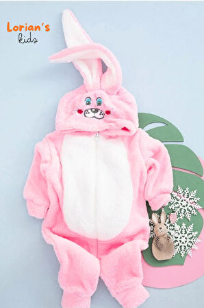 Welsoft Kız Pembe Tavşan Yumuşak Peluş Fermuarlı Bebek Tulumu - 3 Yaş