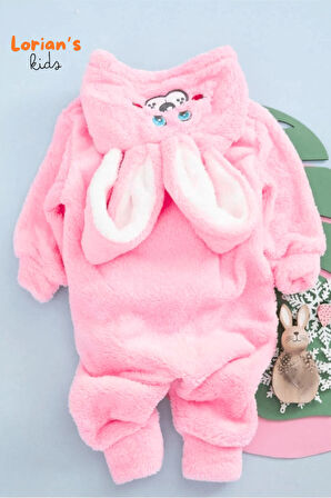 Welsoft Kız Pembe Tavşan Yumuşak Peluş Fermuarlı Bebek Tulumu - 3 Yaş