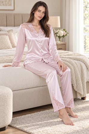 Loule Kadın Dantel Detaylı Düğmeli Saten Uzun Pijama Takımı Pudra