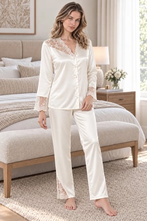 Loule Kadın Yırtmaçlı Uzun Gecelik Sabahlık Saten Pijama 6’lı Çeyiz Seti Ekru