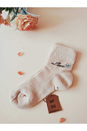 2 ÇİFT GÜL LOVE TAŞLI PAMUKLU BURUN DİKİŞSİZ KOKULU KISA KONÇ ÇORAP KREM SİYAH KADIN ÇORABI 36-40