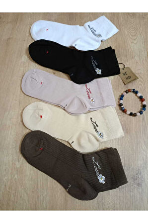 2 ÇİFT GÜL LOVE TAŞLI PAMUKLU BURUN DİKİŞSİZ KOKULU KISA KONÇ ÇORAP KREM SİYAH KADIN ÇORABI 36-40