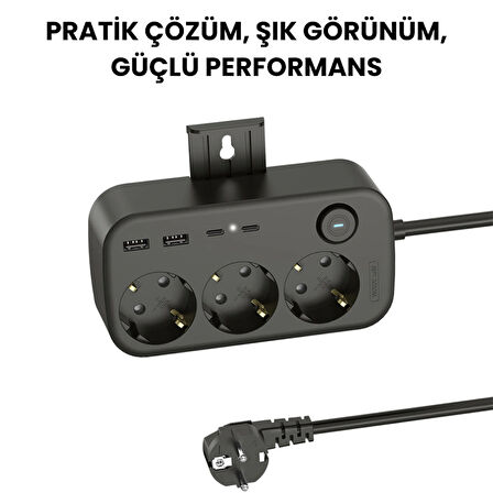 3’lü Akım Korumalı Priz | 2 USB + 2 Type-C Girişli | Anahtarlı ve Duvara Monte Edilebilir Uzatma Kablosu – Siyah