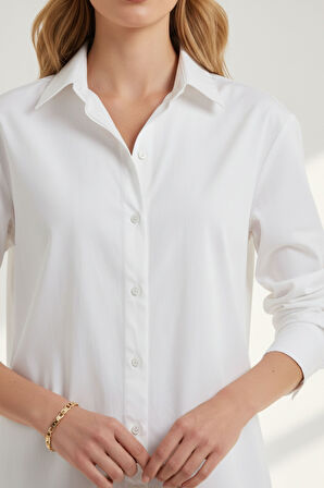 Kadın Beyaz Klasik Regular Fit Gömlek Yaka Düğmeli Uzun Kollu Zarif Gömlek – Kadın Gömlek
