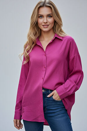 Kadın Fuşya Classic Regular Fit Düğmeli Uzun Kollu Keten Rahat Kesim Gömlek Bluz, Kadın Gömlek