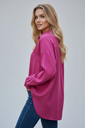 Kadın Fuşya Classic Regular Fit Düğmeli Uzun Kollu Keten Rahat Kesim Gömlek Bluz, Kadın Gömlek