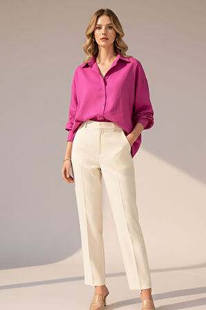 Kadın Fuşya Classic Regular Fit Düğmeli Uzun Kollu Keten Rahat Kesim Gömlek Bluz, Kadın Gömlek