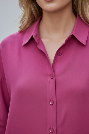Kadın Fuşya Classic Regular Fit Düğmeli Uzun Kollu Keten Rahat Kesim Gömlek Bluz, Kadın Gömlek
