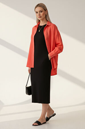 Kadın Mercan Classic Regular Fit Düğmeli Uzun Kollu Dokuma Rahat Kesim Bluz, Kadın Gömlek Bluz