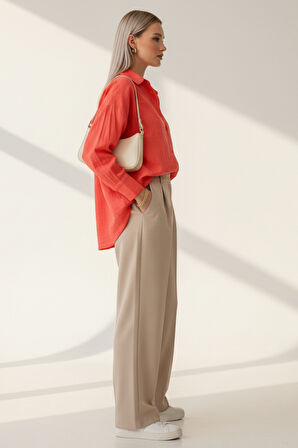 Kadın Mercan Classic Regular Fit Düğmeli Uzun Kollu Dokuma Rahat Kesim Bluz, Kadın Gömlek Bluz