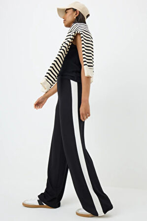 Kadın Siyah Yanı Beyaz Şeritli Geniş Paça Rahat Kesim Pantolon, Kadın Pantolon