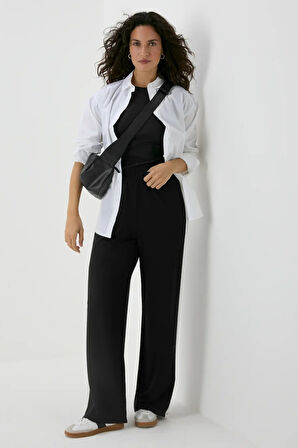 Kadın Siyah Yanı Beyaz Şeritli Geniş Paça Rahat Kesim Pantolon, Kadın Pantolon