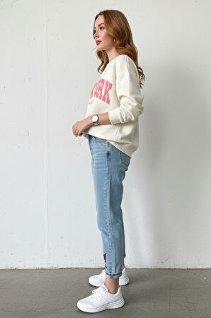 Kadın Ekru New York Baskılı Bisiklet Yaka Uzun Kollu Oversize Pamuklu Sweatshirt - Kadın Sweatshirt
