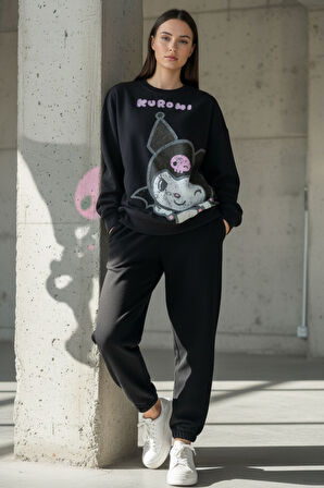 Kadın Antrasit  Baskılı Bisiklet Yaka Uzun Kollu Oversize Yumuşak Dokulu Sweatshirt Kadın Sweatshirt