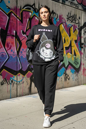 Kadın Antrasit  Baskılı Bisiklet Yaka Uzun Kollu Oversize Yumuşak Dokulu Sweatshirt Kadın Sweatshirt