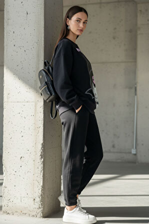 Kadın Antrasit  Baskılı Bisiklet Yaka Uzun Kollu Oversize Yumuşak Dokulu Sweatshirt Kadın Sweatshirt