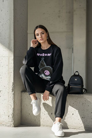 Kadın Antrasit  Baskılı Bisiklet Yaka Uzun Kollu Oversize Yumuşak Dokulu Sweatshirt Kadın Sweatshirt
