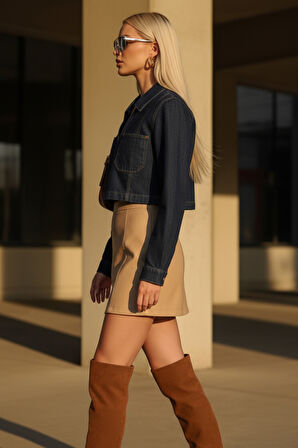 Kadın V Yaka Lacivert Kot Denim Uzun Kollu Crop Jean Bluz - Kadın Bluz 