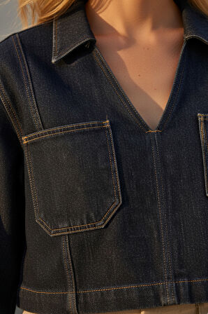 Kadın V Yaka Lacivert Kot Denim Uzun Kollu Crop Jean Bluz - Kadın Bluz 