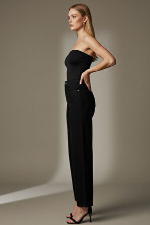 Kadın Siyah Yüksek Bel Palazzo Geniş Paça Jean Pantolon  - Yeni Sezon Kadın Palazzo Pantolon