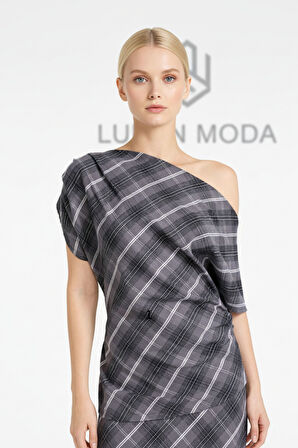 Kadın Tek Omuzlu Asimetrik Kesim Regular Fit Kayık Yaka Kareli Kısa Kollu Bluz - Şık Kadın Bluz