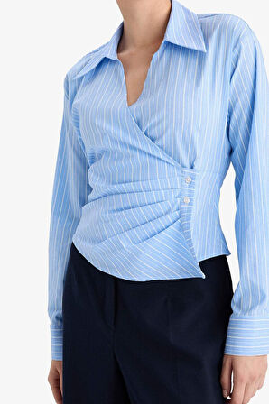 Kadın Mavi Kruvaze Regular Fit V Yaka Çizgili Bengalin Uzun Kollu Gömlek - Kadın Gömlek